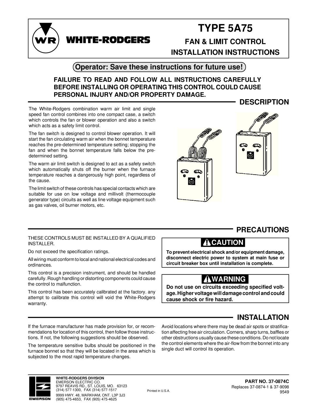 White Rodgers 5A75 installation instructions FAN & Limit Control Installation Instructions, Description, Precautions 