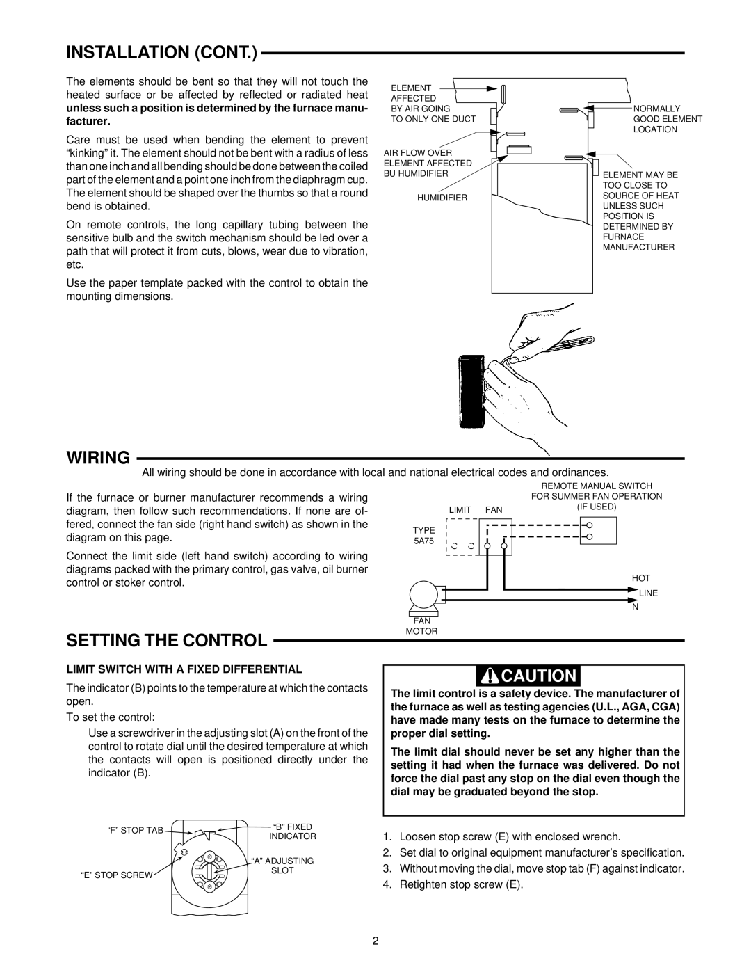 White Rodgers 5A75 installation instructions Wiring, Setting the Control, Limit Switch with a Fixed Differential 