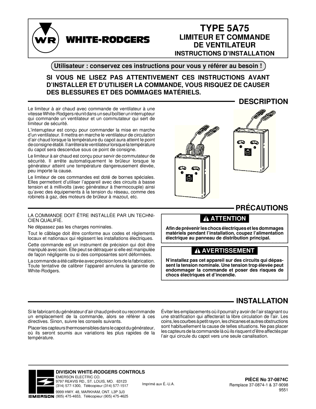 White Rodgers 5A75 Précautions, Limiteur ET Commande, DE Ventilateur, Division WHITE-RODGERS Controls, Pièce No 37-0874C 