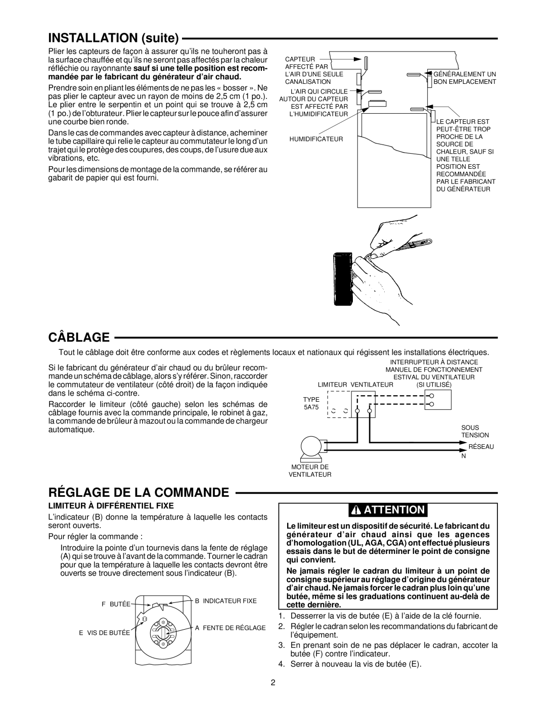 White Rodgers 5A75 Installation suite, Câblage, Réglage DE LA Commande, Limiteur À Différentiel Fixe 