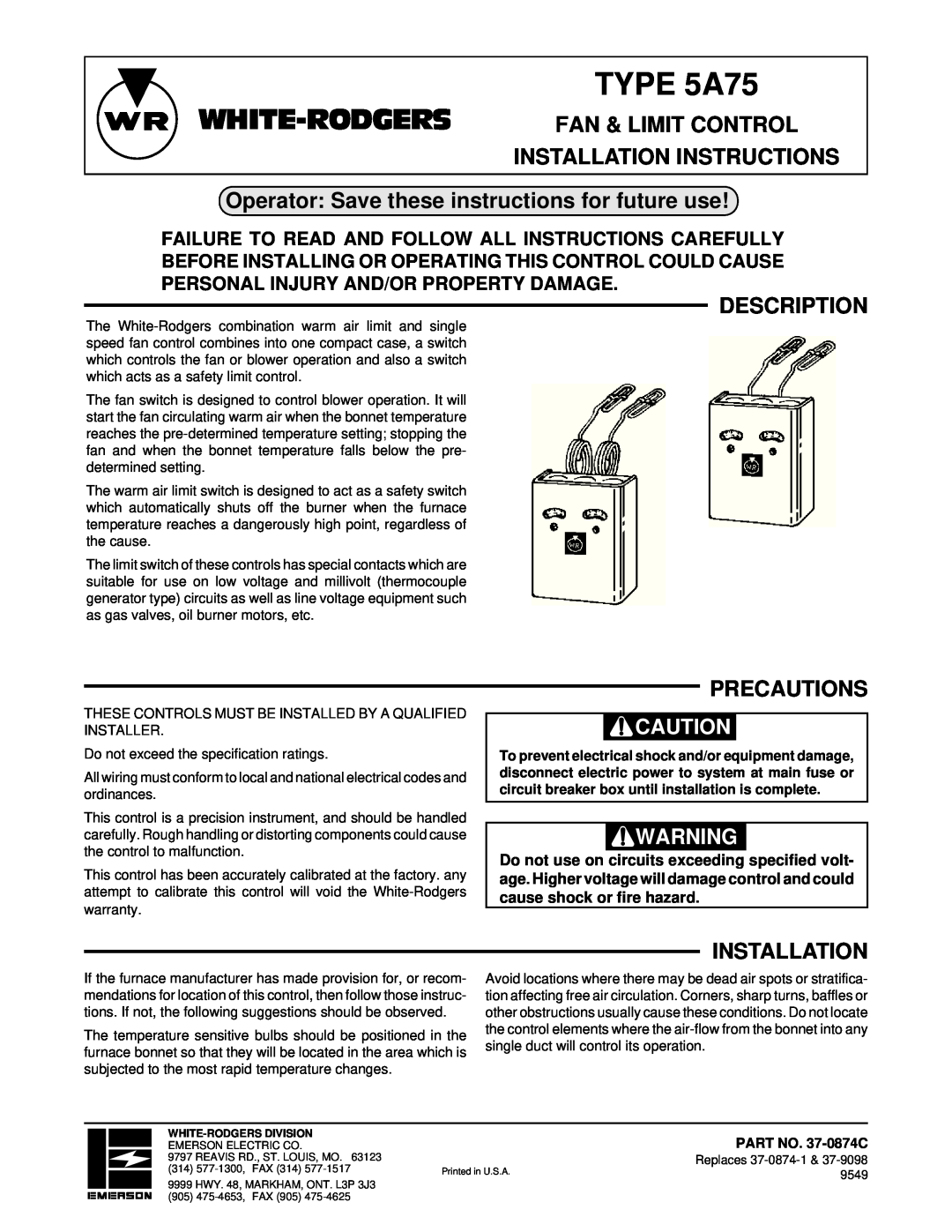 White Rodgers 5A75 installation instructions White-Rodgers, Fan & Limit Control Installation Instructions, Description 