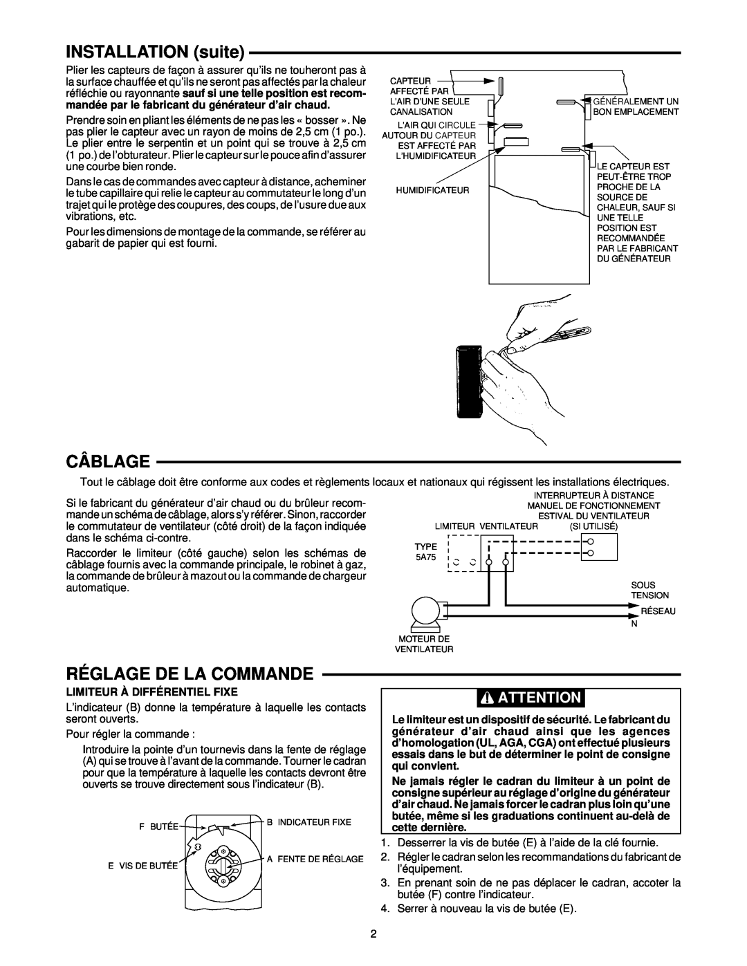 White Rodgers 5A75 installation instructions INSTALLATION suite, Câblage, Réglage De La Commande 