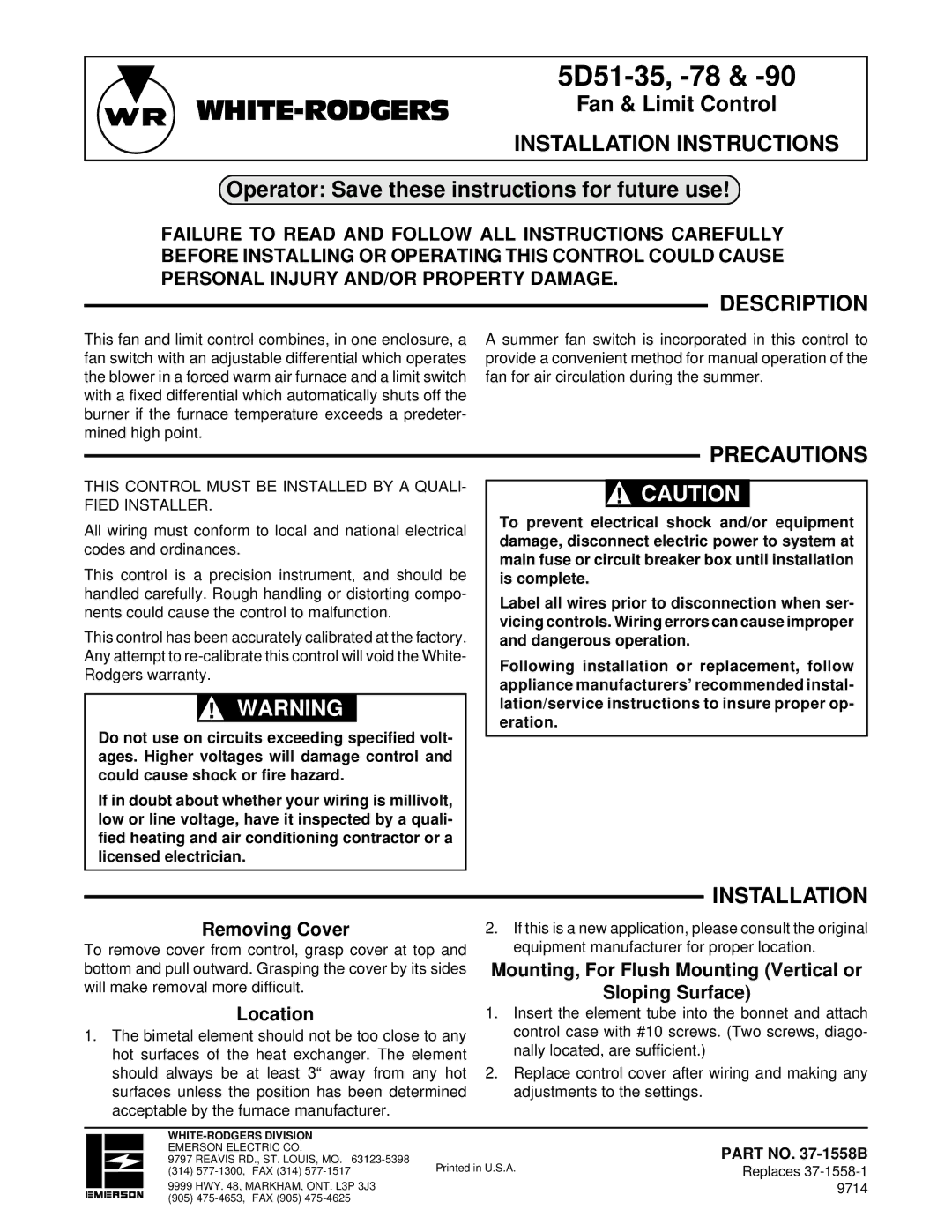 White Rodgers 5D51-78, 5D51-90 installation instructions 5D51-35, -78, Description, Precautions, Installation 