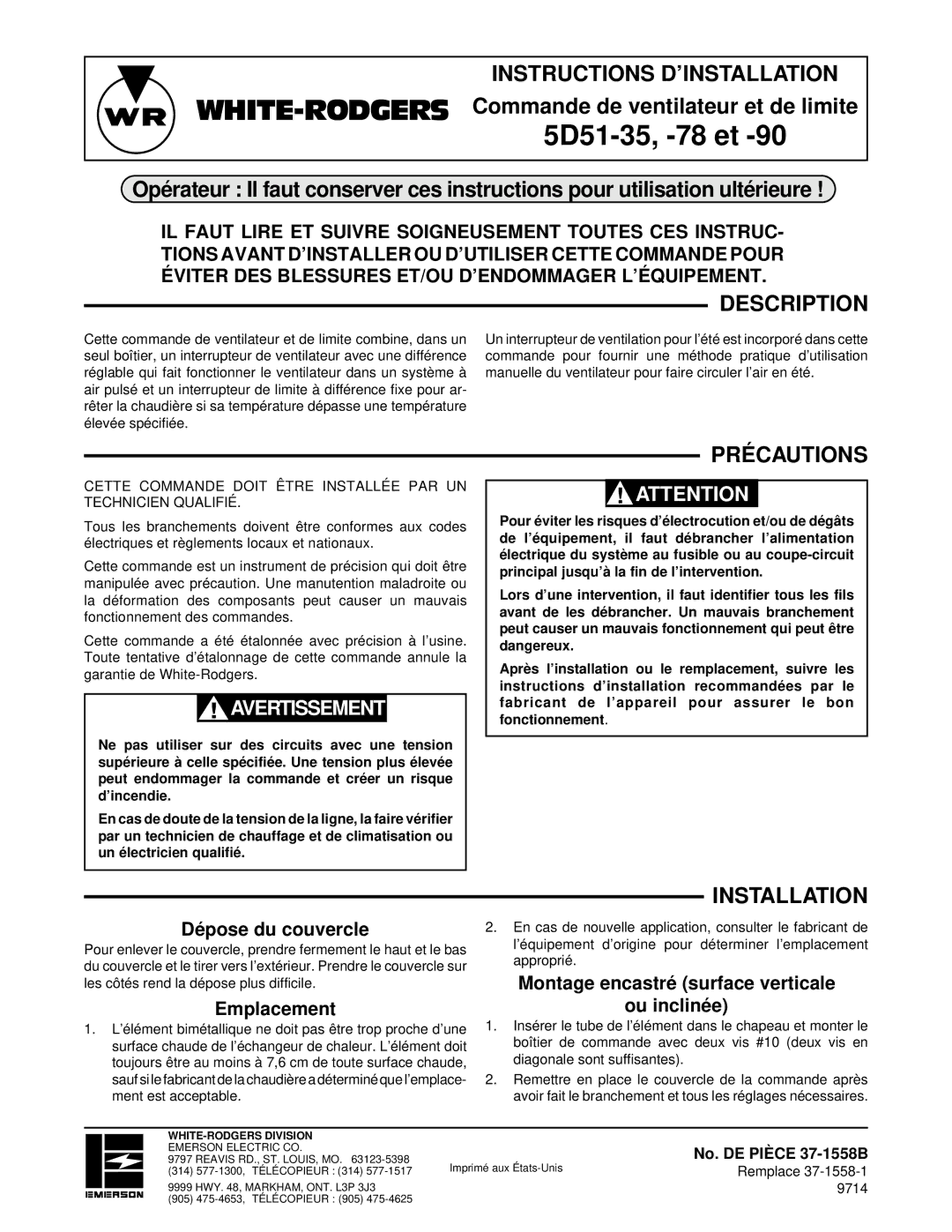 White Rodgers 5D51-90, 5D51-78 5D51-35, -78 et, Instructions D’INSTALLATION, Précautions, Attenticaution 