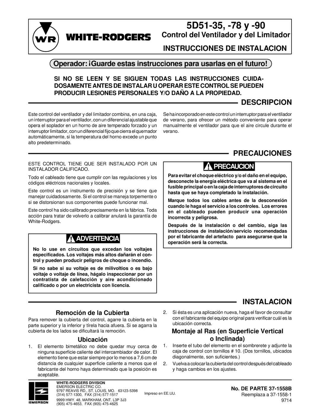 White Rodgers 5D51-90, 5D51-78 5D51-35, -78 y, Instrucciones DE Instalacion, Descripcion, Precauciones 