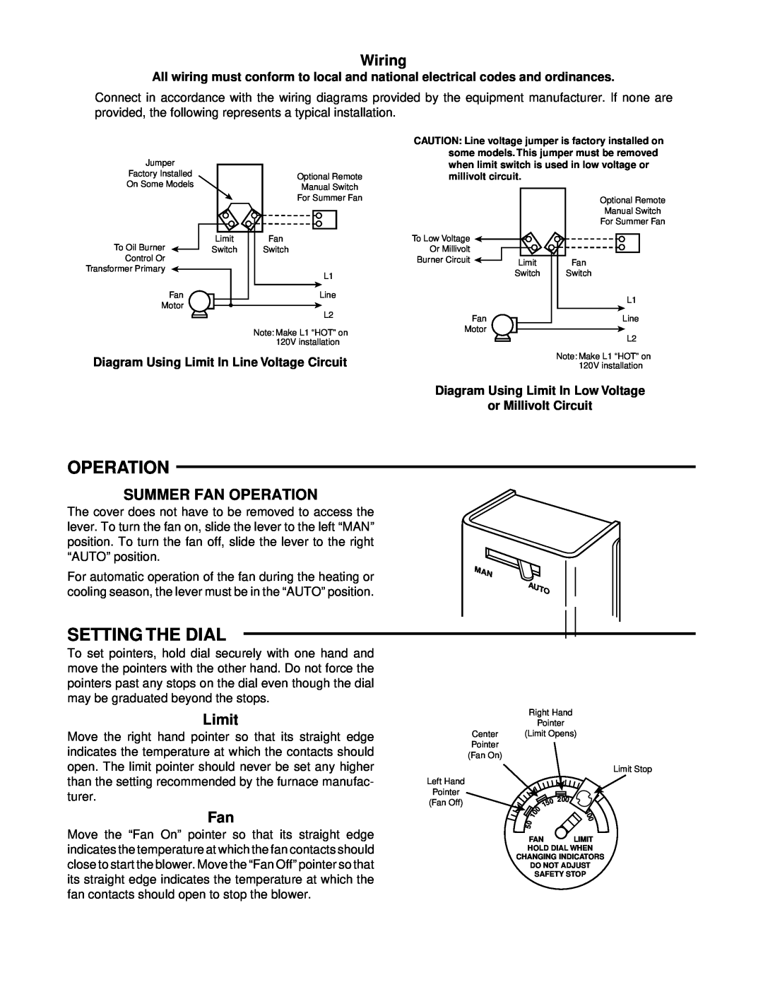 White Rodgers 5D51-35, 5D51-90, 5D51-78 installation instructions Setting The Dial, Wiring, Summer Fan Operation, Limit 