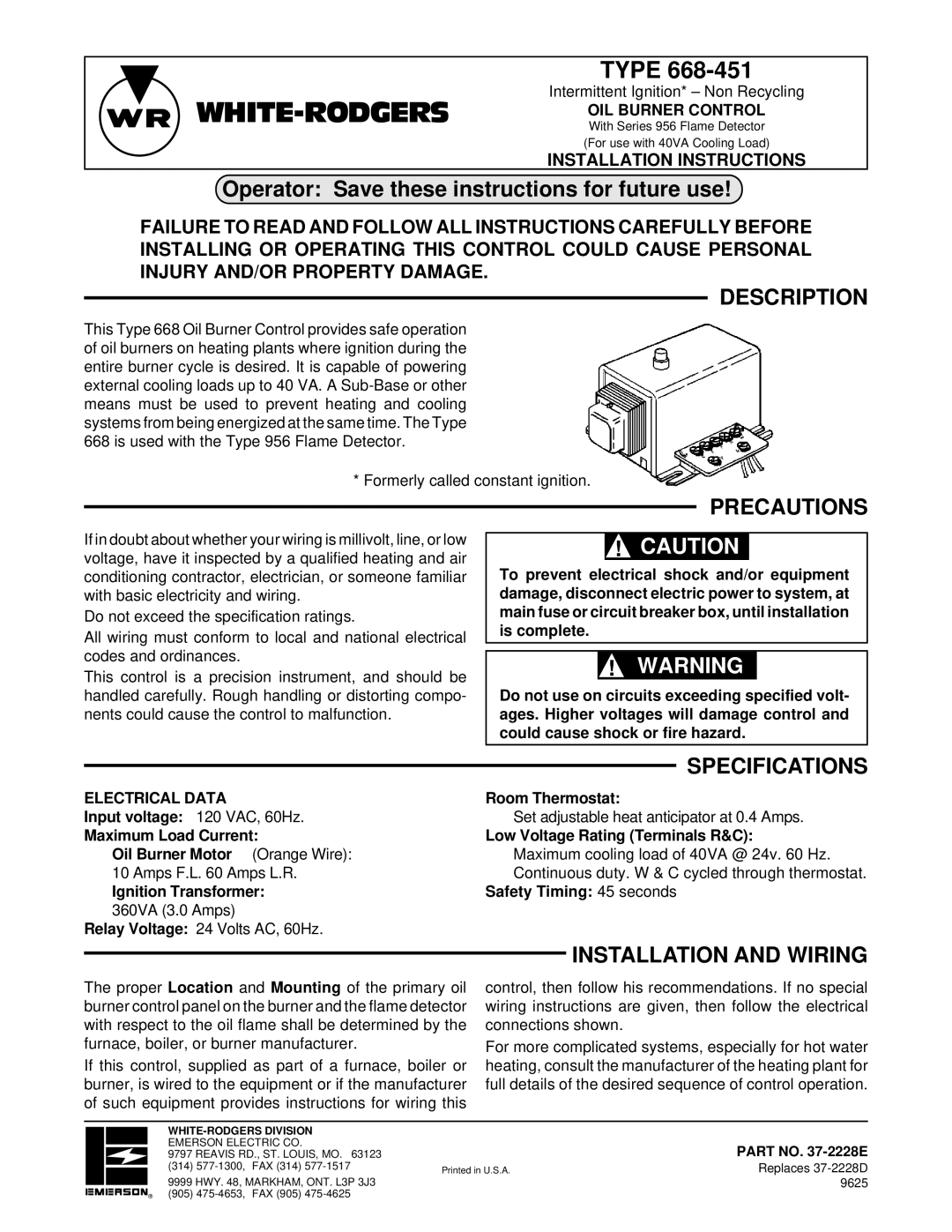 White Rodgers 668-451 installation instructions Operator Save these instructions for future use, Description, Precautions 