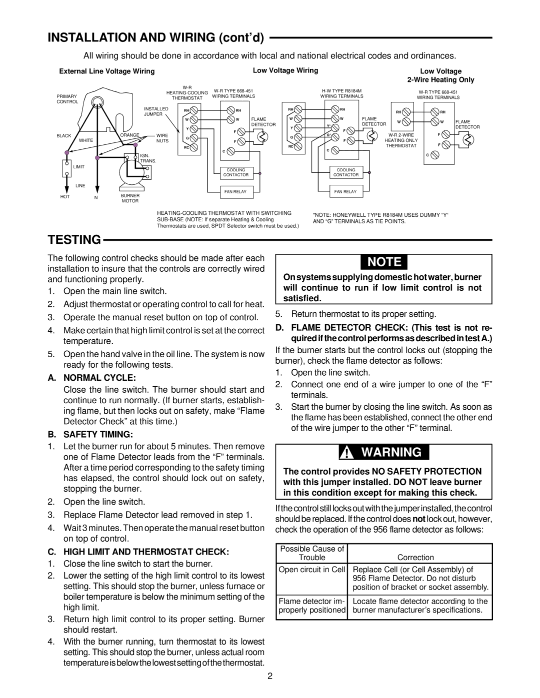 White Rodgers 668-451 installation instructions Installation and Wiring cont’d, Testing, Normal Cycle, Safety Timing 