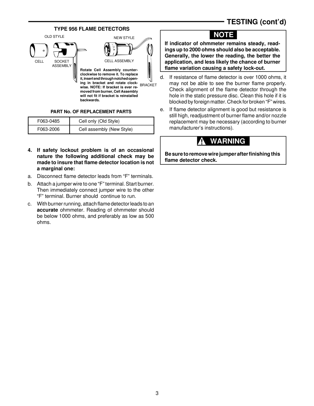 White Rodgers 668-451 installation instructions Testing cont’d, Type 956 Flame Detectors 