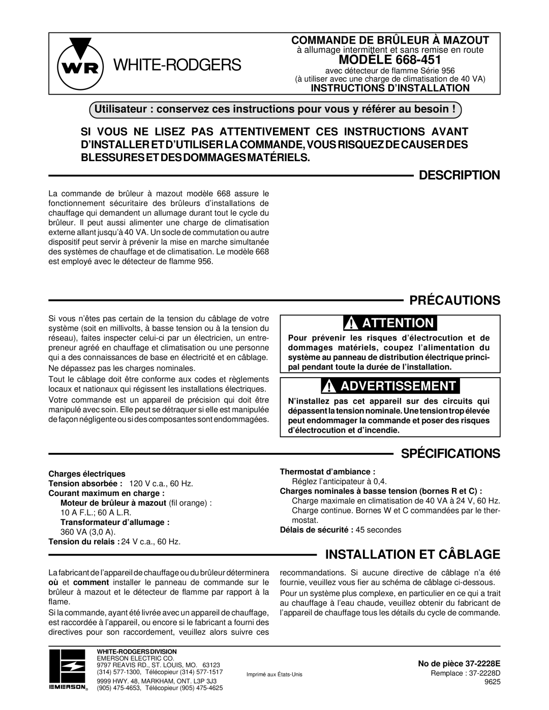 White Rodgers 668-451 installation instructions Modèle, Précautions, Spécifications, Installation ET Câblage 