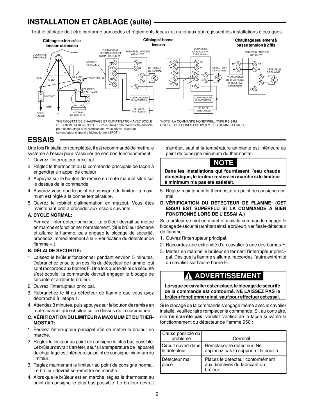 White Rodgers 668-451 installation instructions Installation ET Câblage suite, Essais, Cycle Normal, Délai DE Sécurité 