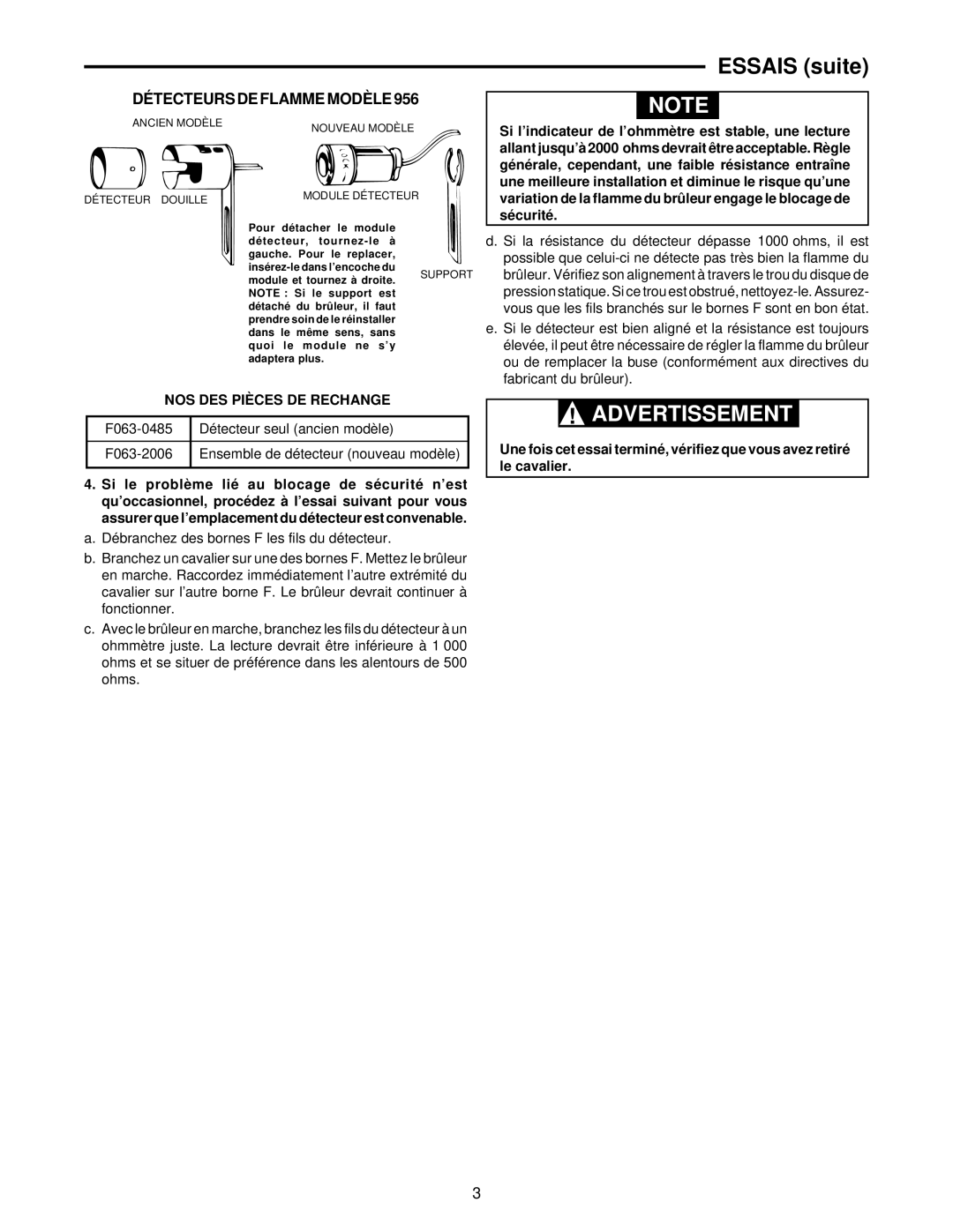 White Rodgers 668-451 installation instructions Essais suite, Détecteurs DE Flamme Modèle, NOS DES Pièces DE Rechange 