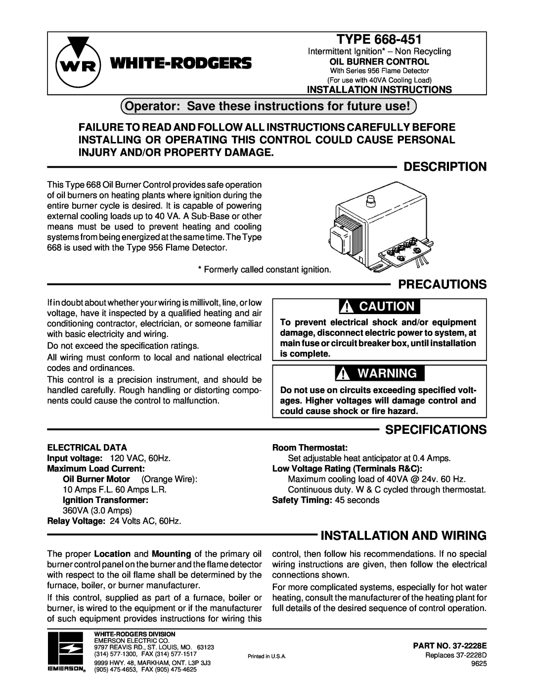 White Rodgers 668-451 installation instructions White-Rodgers, Operator Save these instructions for future use, Type 