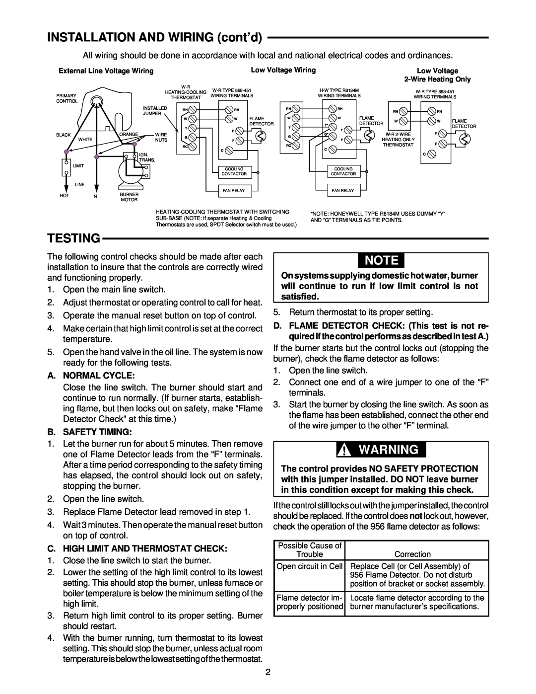 White Rodgers 668-451 installation instructions INSTALLATION AND WIRING cont’d, Testing, A.Normal Cycle, B.Safety Timing 