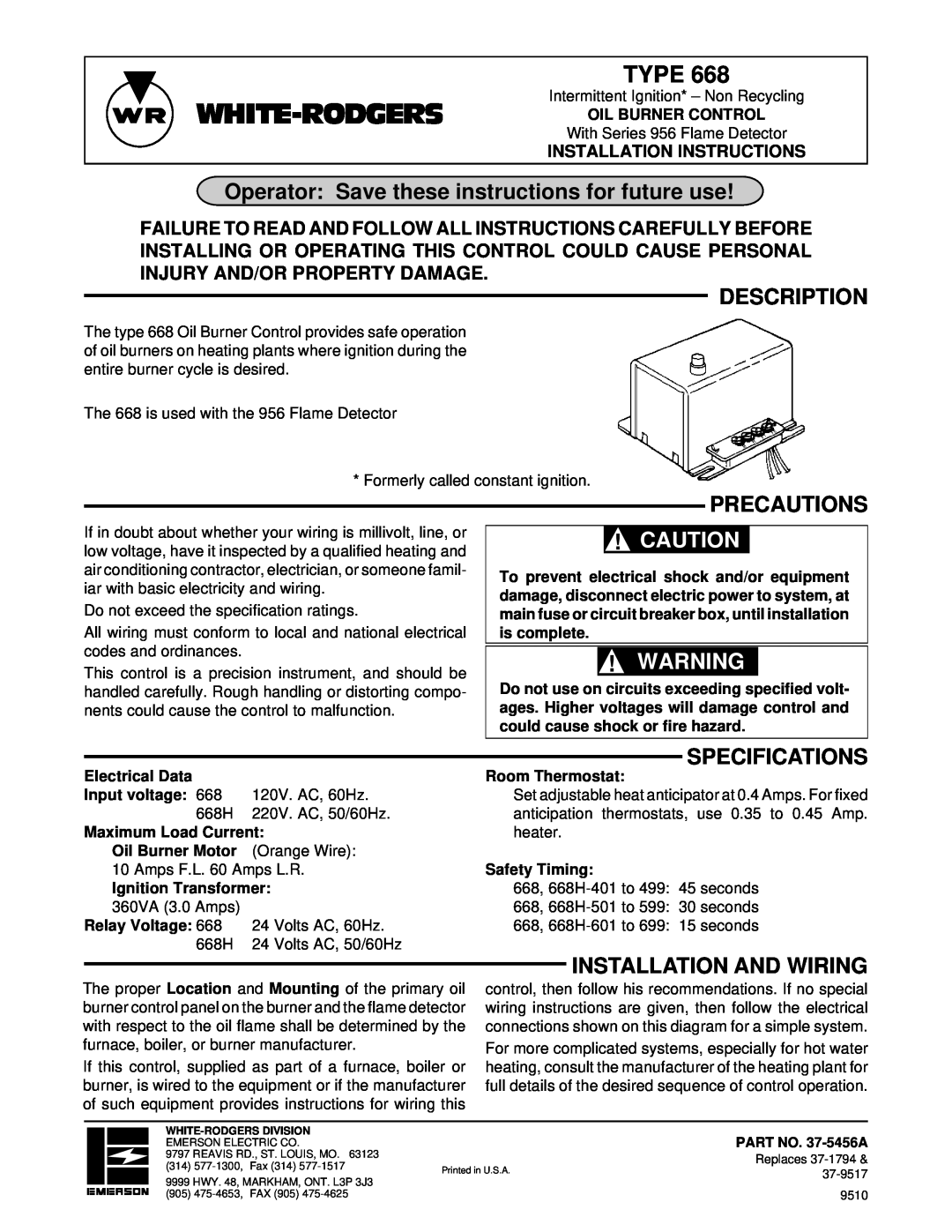 White Rodgers 668 installation instructions White-Rodgers, Operator Save these instructions for future use, Description 