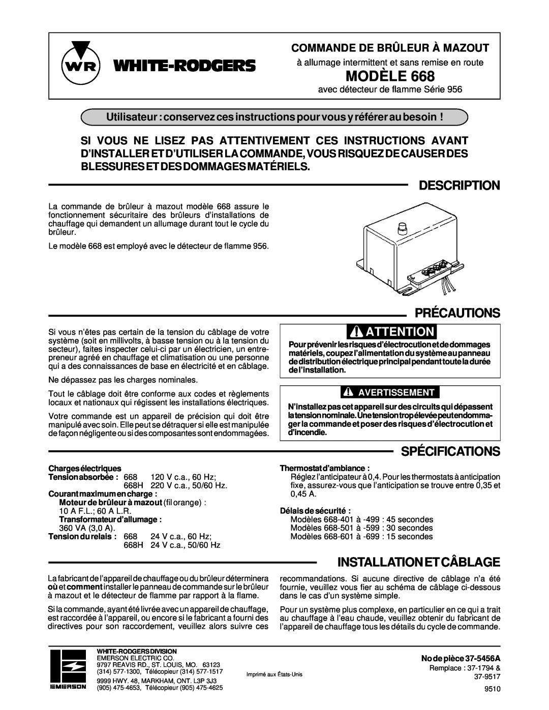 White Rodgers 668 Précautions, Installationetcâblage, White-Rodgers, Modèle, Description, Spécifications 