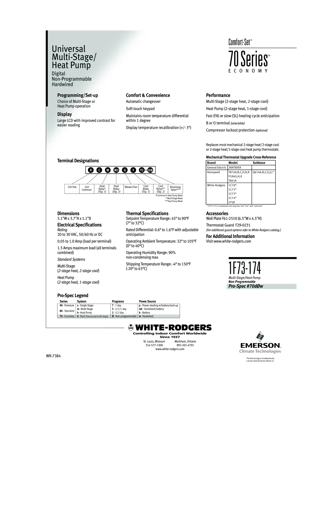 White Rodgers 70 Series dimensions 1F73-174 