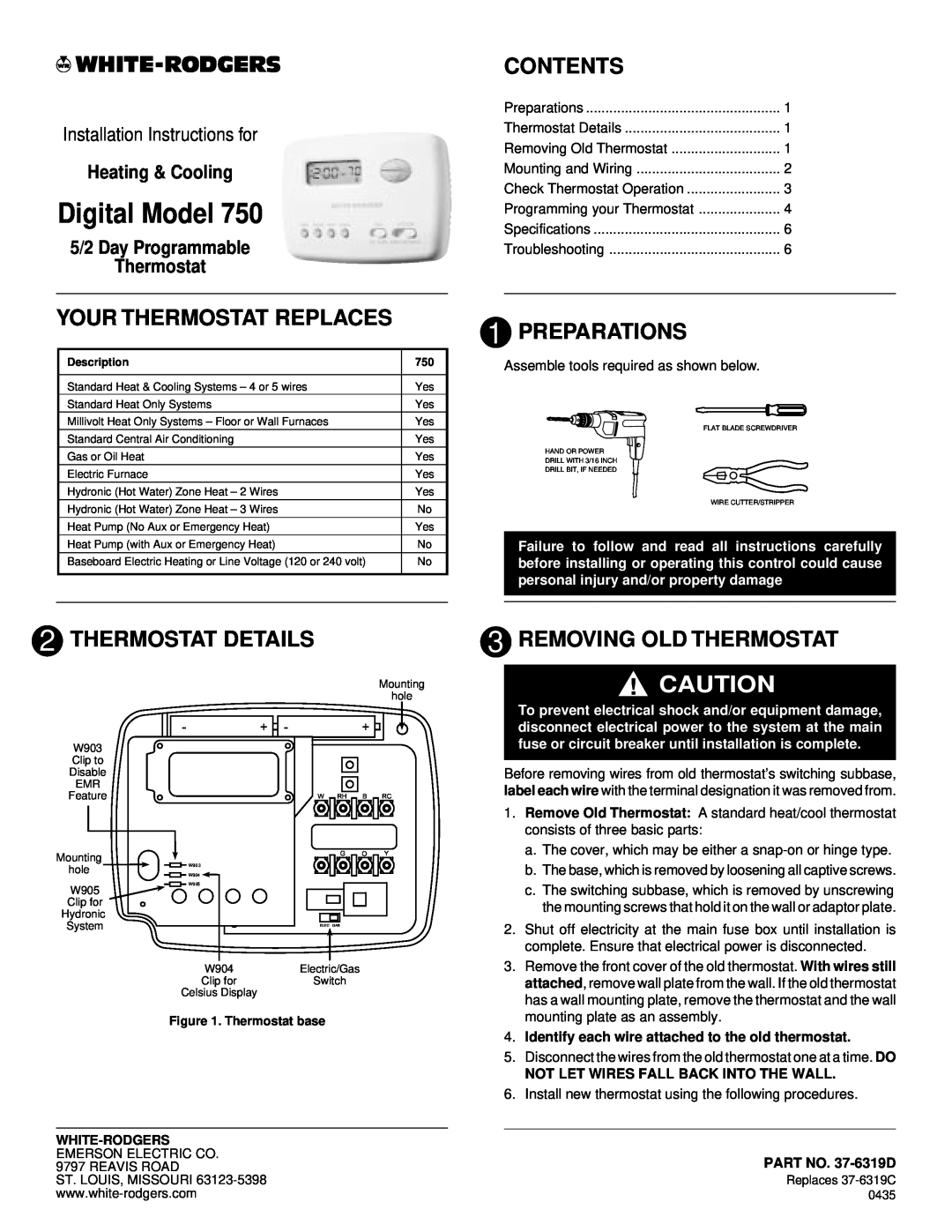 White Rodgers 750 installation instructions Contents, Your Thermostat Replaces, Preparations, Thermostat Details 