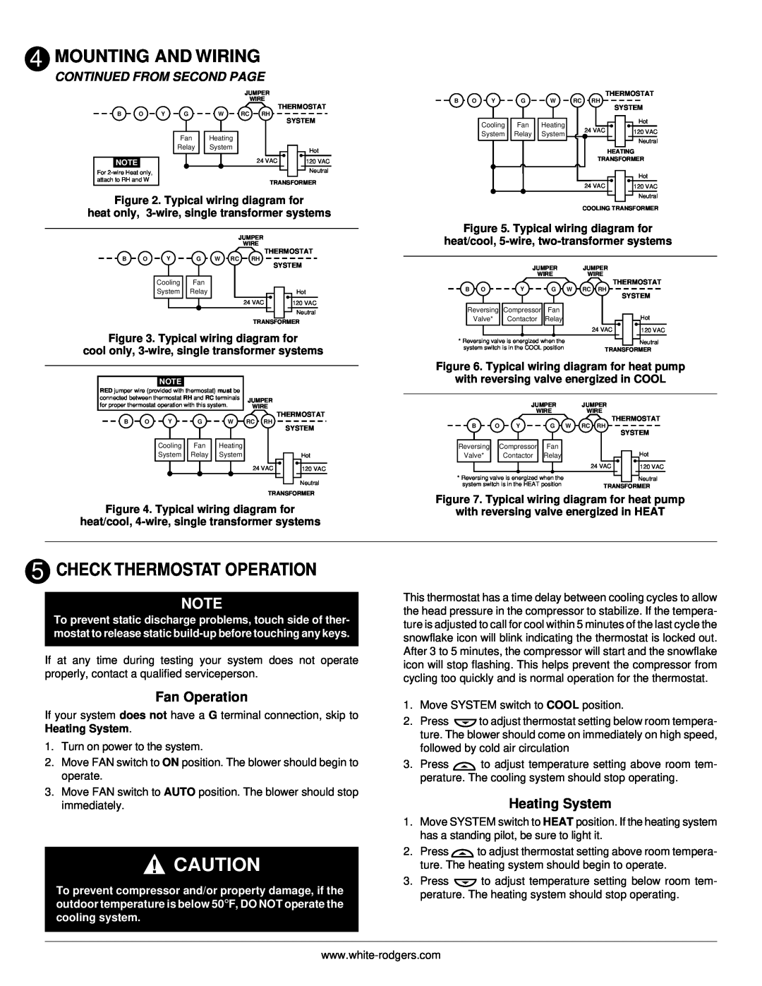 White Rodgers 750 Check Thermostat Operation, Fan Operation, Heating System, Continued From Second Page 