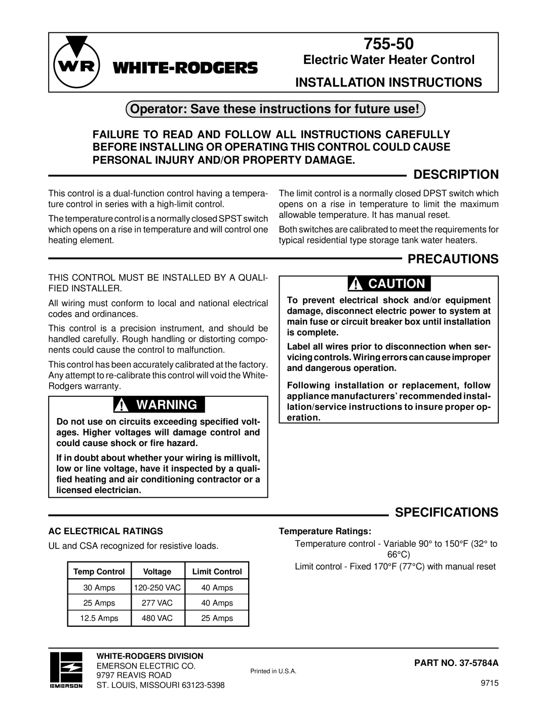 White Rodgers 755-50 specifications White-Rodgers, Electric Water Heater Control, Installation Instructions, Description 