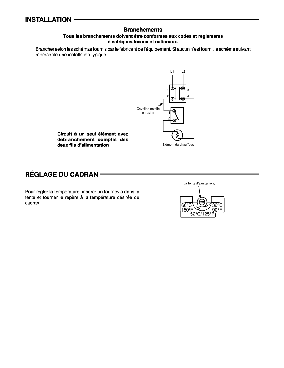 White Rodgers 755-50 specifications Réglage Du Cadran, Branchements, Installation 