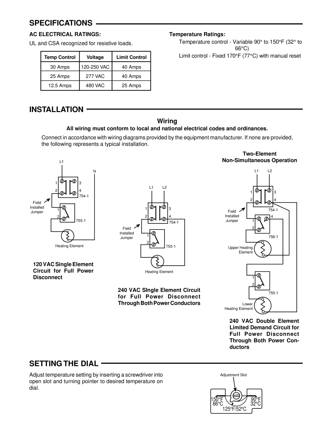 White Rodgers 754-1, 756-1, 755-1 Specifications, Installation, Setting the Dial, Wiring, AC Electrical Ratings 