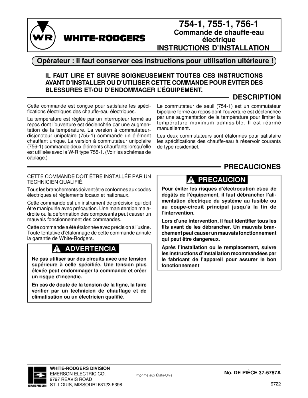 White Rodgers 756-1, 755-1, 754-1 installation instructions Instructions D’INSTALLATION, Precauciones, No. DE Pièce 37-5787A 