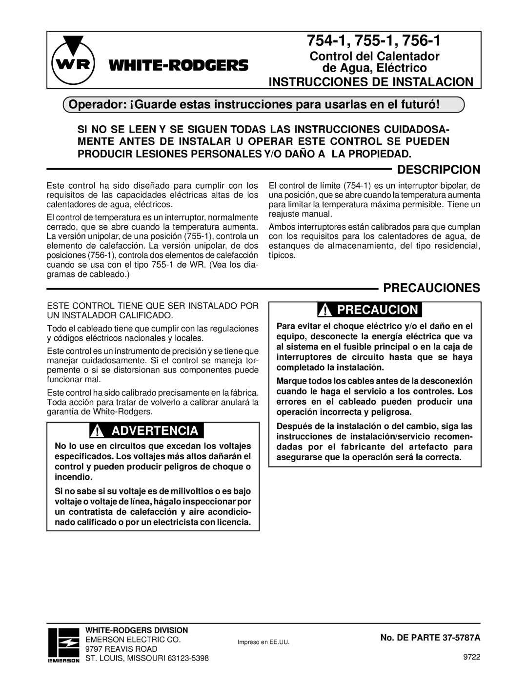 White Rodgers 754-1, 756-1, 755-1 installation instructions Instrucciones DE Instalacion, Descripcion, No. DE Parte 37-5787A 