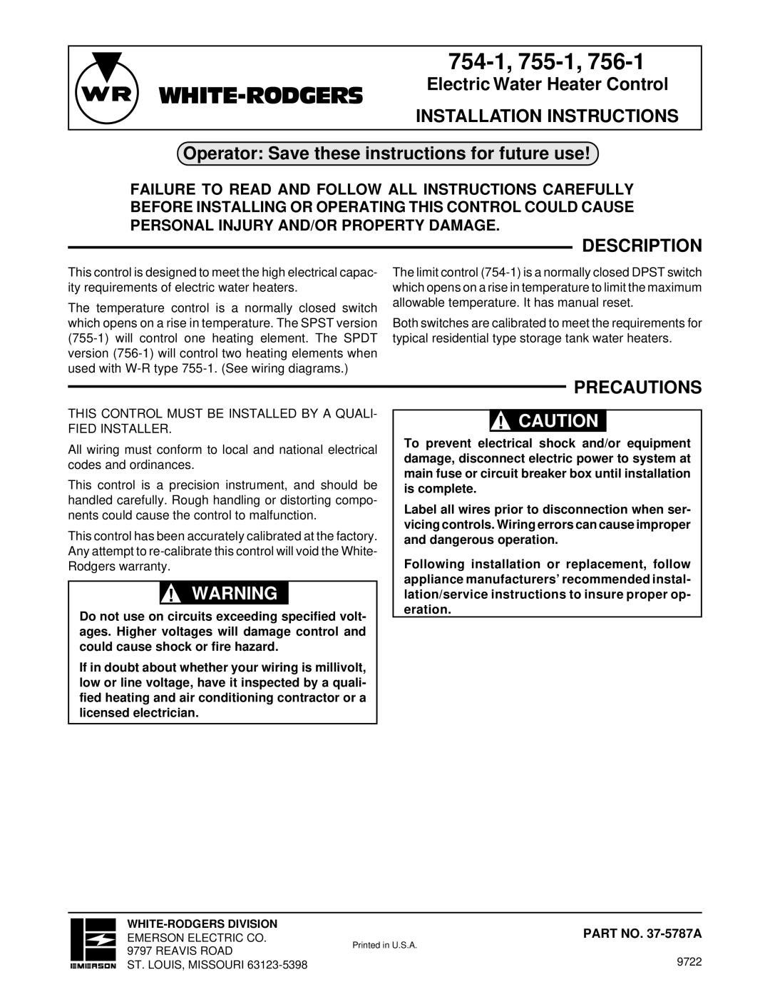 White Rodgers 755-1, 756-1 installation instructions 754-1, White-Rodgers, Electric Water Heater Control, Description 