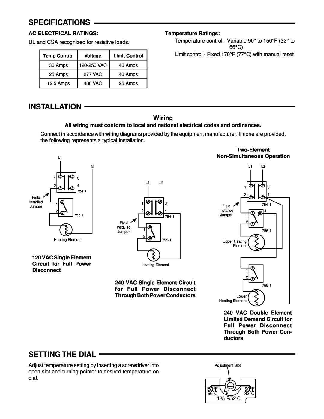 White Rodgers 754-1, 756-1, 755-1 installation instructions Specifications, Installation, Setting The Dial, Wiring 
