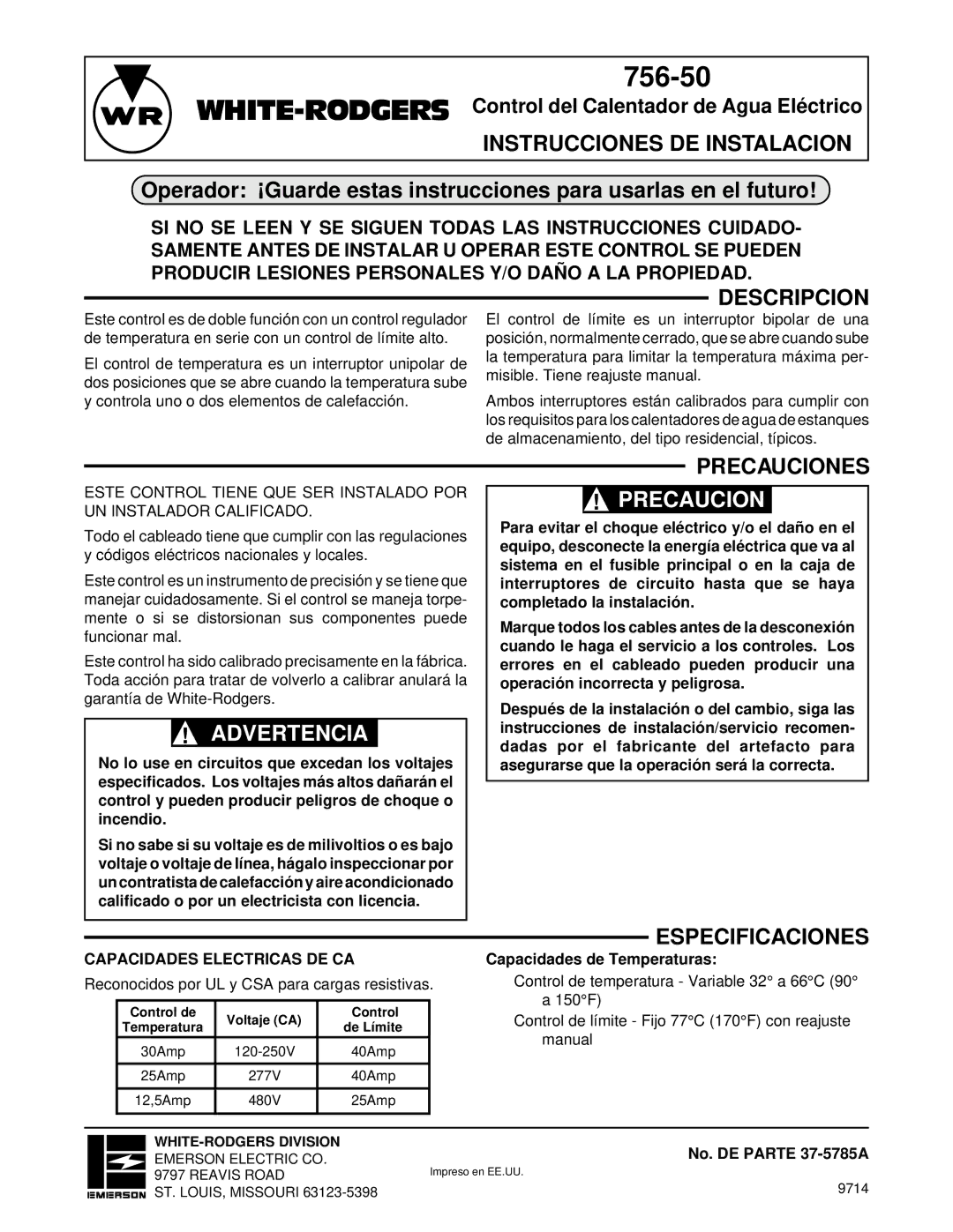 White Rodgers 756-50 specifications Advertencia, Precaucion 