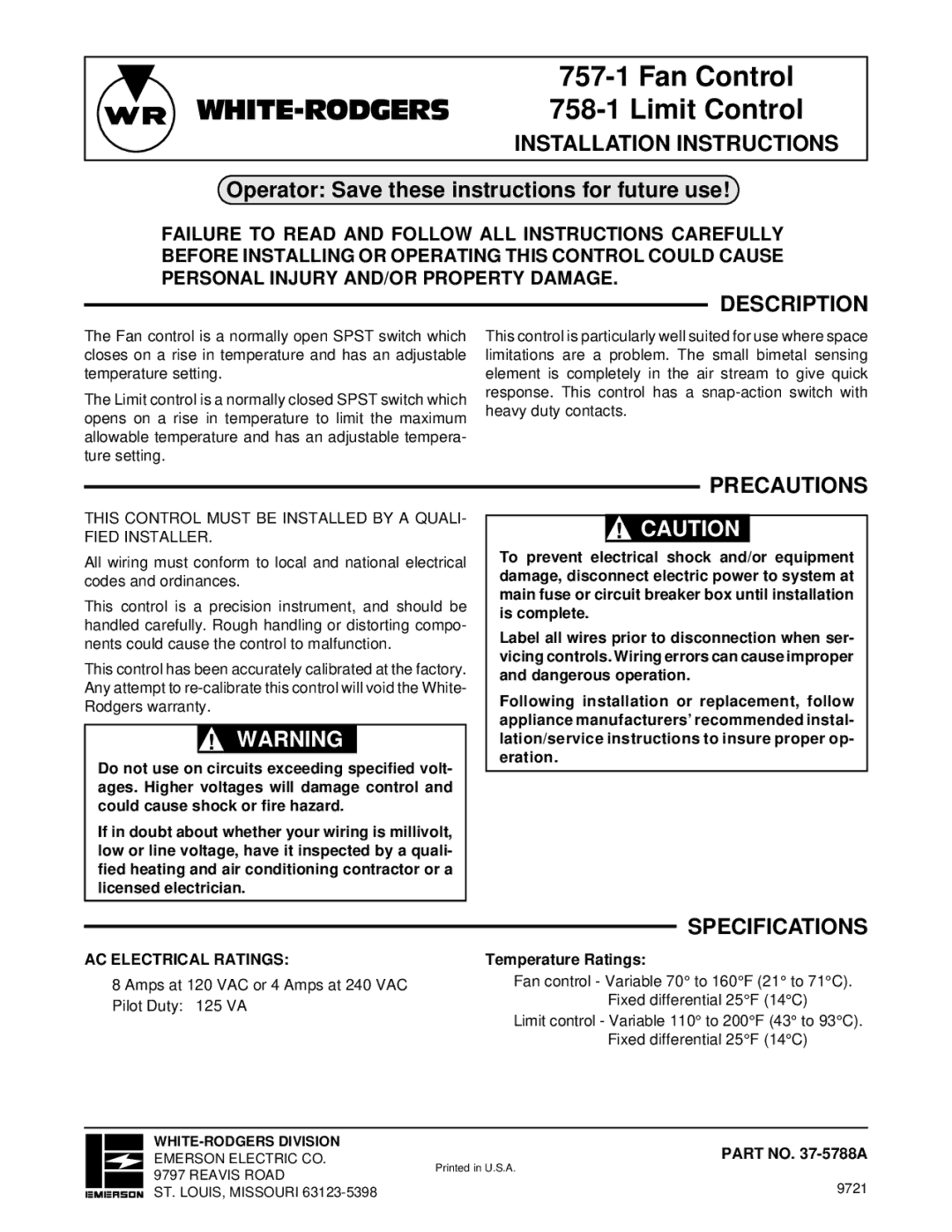 White Rodgers 757-1 installation instructions Fan Control, Limit Control, Description, Precautions, AC Electrical Ratings 