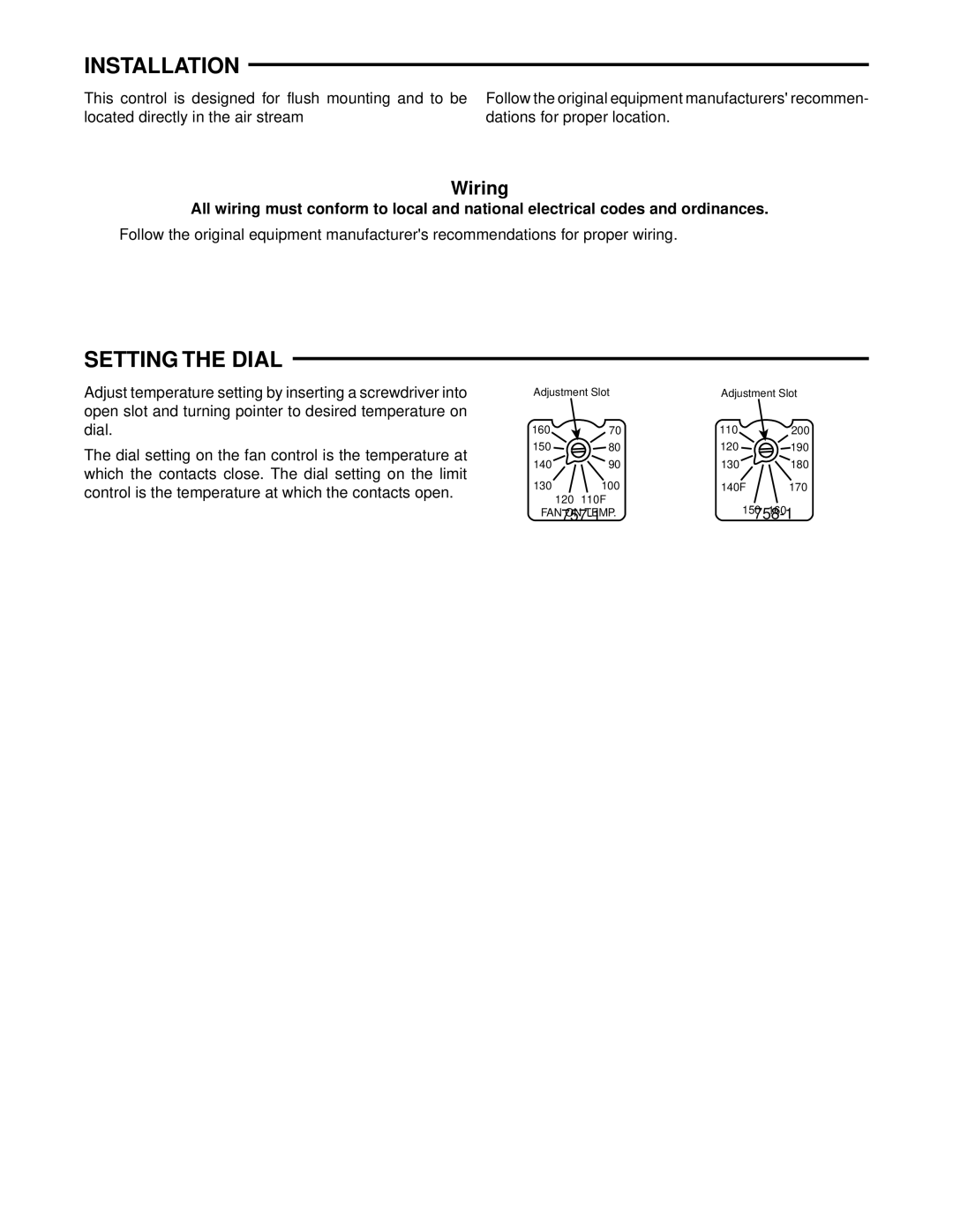 White Rodgers 758-1, 757-1 installation instructions Installation, Setting the Dial, Wiring 