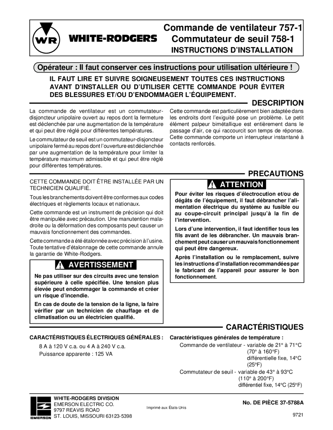 White Rodgers 757-1, 758-1 installation instructions Instructions D’INSTALLATION, Avertissemwarning ENT, Caractéristiques 