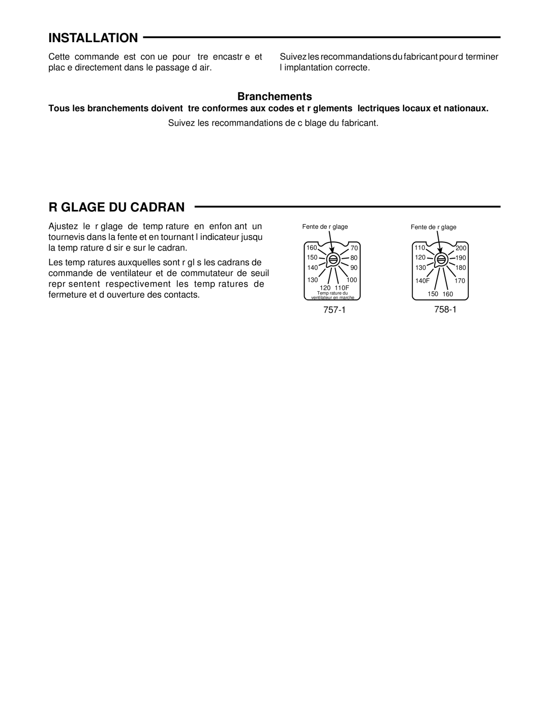 White Rodgers 758-1, 757-1 installation instructions Réglage DU Cadran, Branchements 