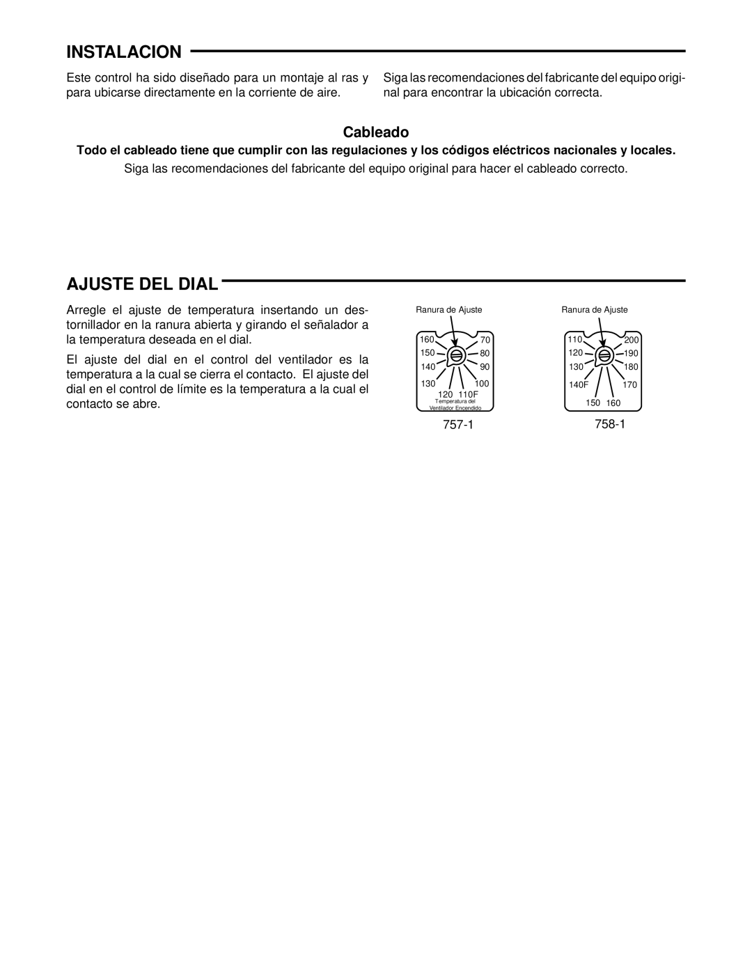 White Rodgers 758-1, 757-1 installation instructions Instalacion, Ajuste DEL Dial, Cableado 