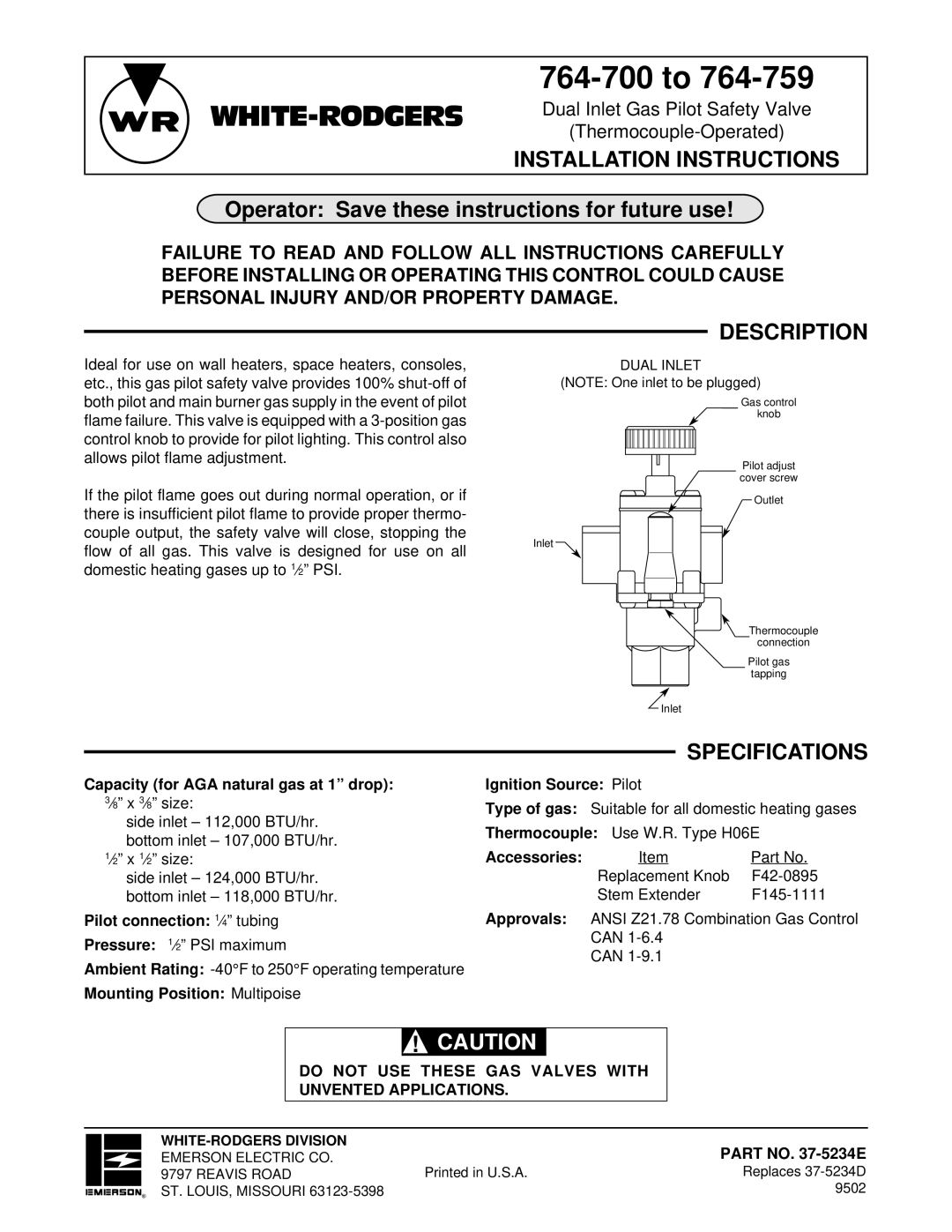 White Rodgers 37-5234E, 764-759, 764-700 installation instructions Description, Specifications 