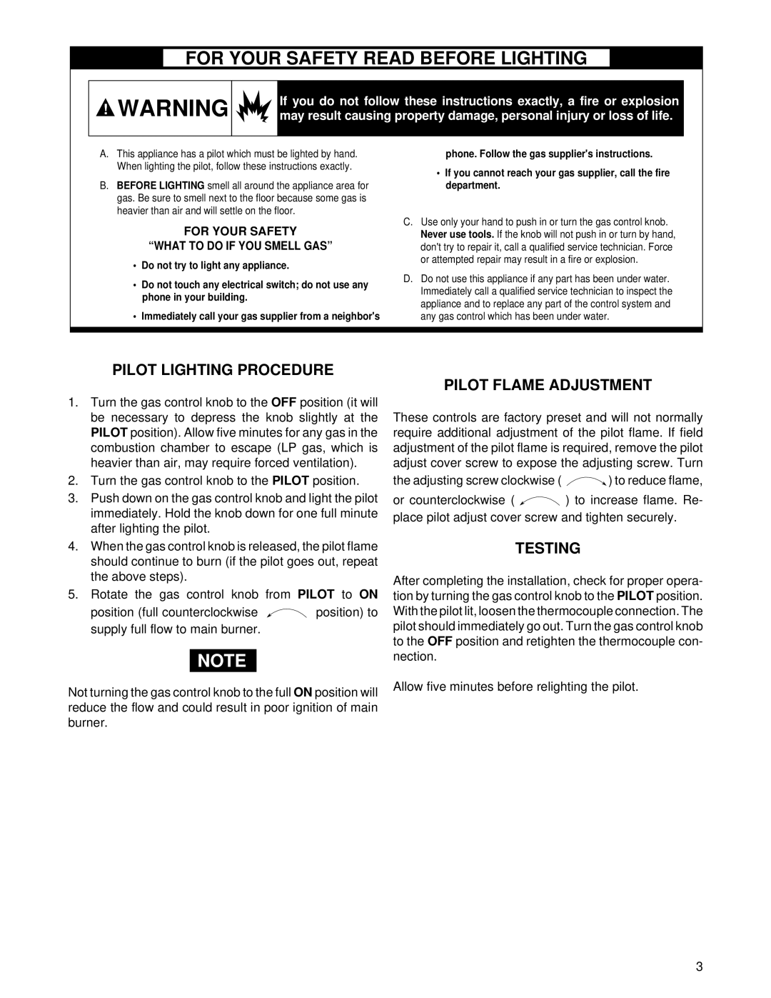 White Rodgers 764-759 For Your Safety Read Before Lighting, Pilot Lighting Procedure, Pilot Flame Adjustment, Testing 