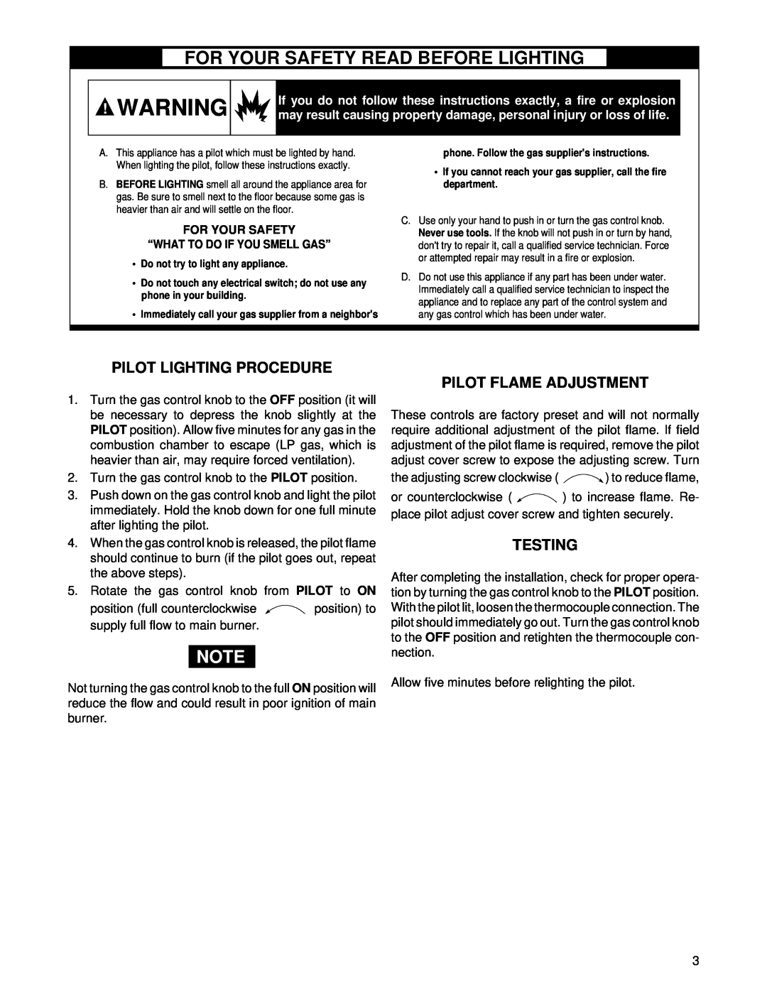 White Rodgers 764-759 For Your Safety Read Before Lighting, Pilot Lighting Procedure, Pilot Flame Adjustment, Testing 
