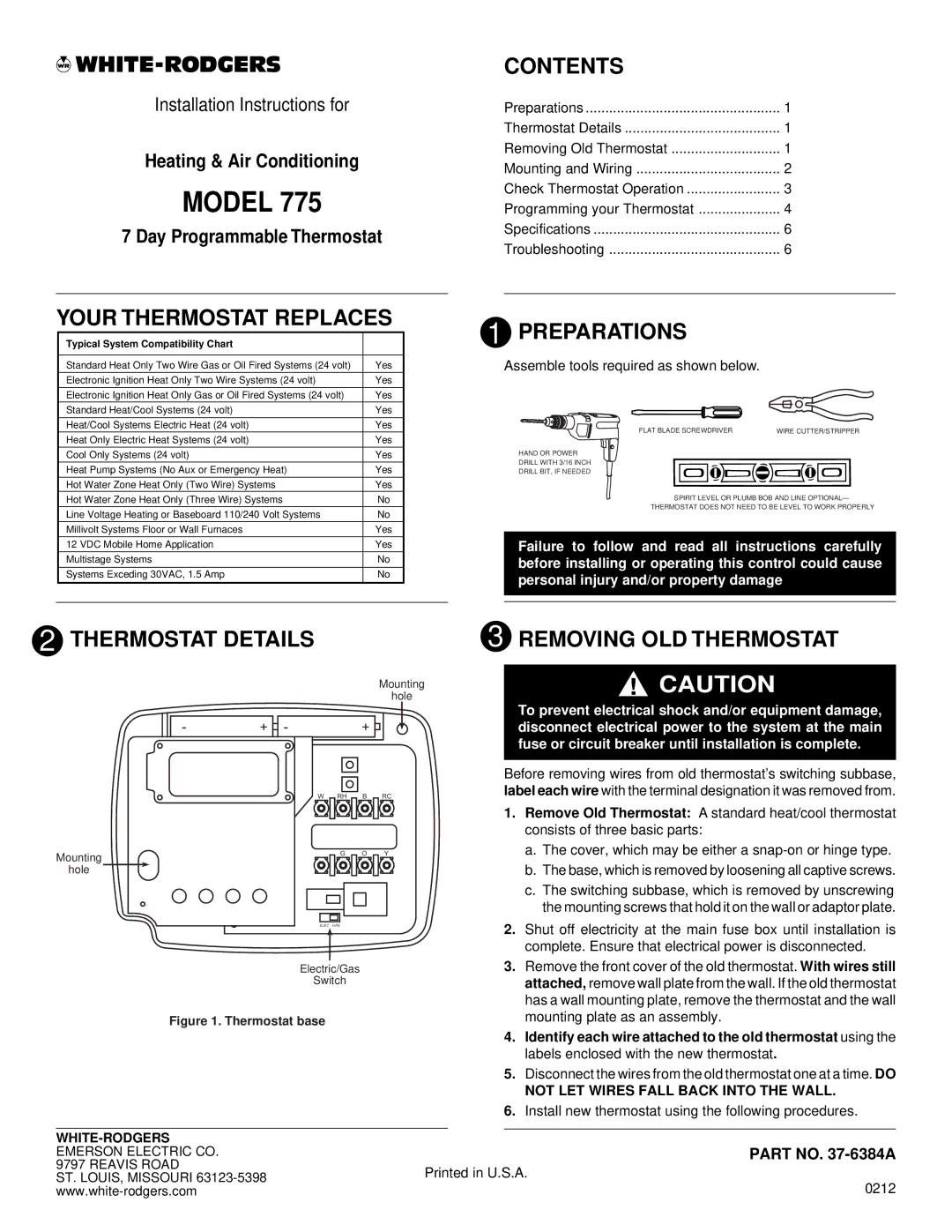 White Rodgers 775 installation instructions Your Thermostat Replaces, Contents, Preparations, Thermostat Details 