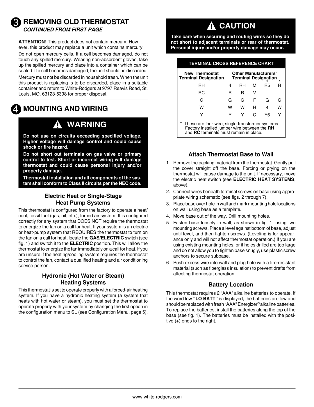 White Rodgers 775 Mounting and Wiring, Electric Heat or Single-Stage Heat Pump Systems, Attach Thermostat Base to Wall 