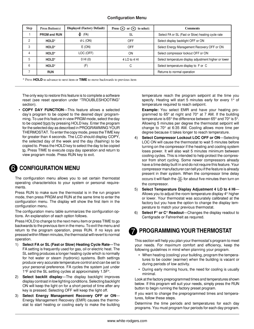 White Rodgers 775 installation instructions Configuration Menu, Programming Your Thermostat 