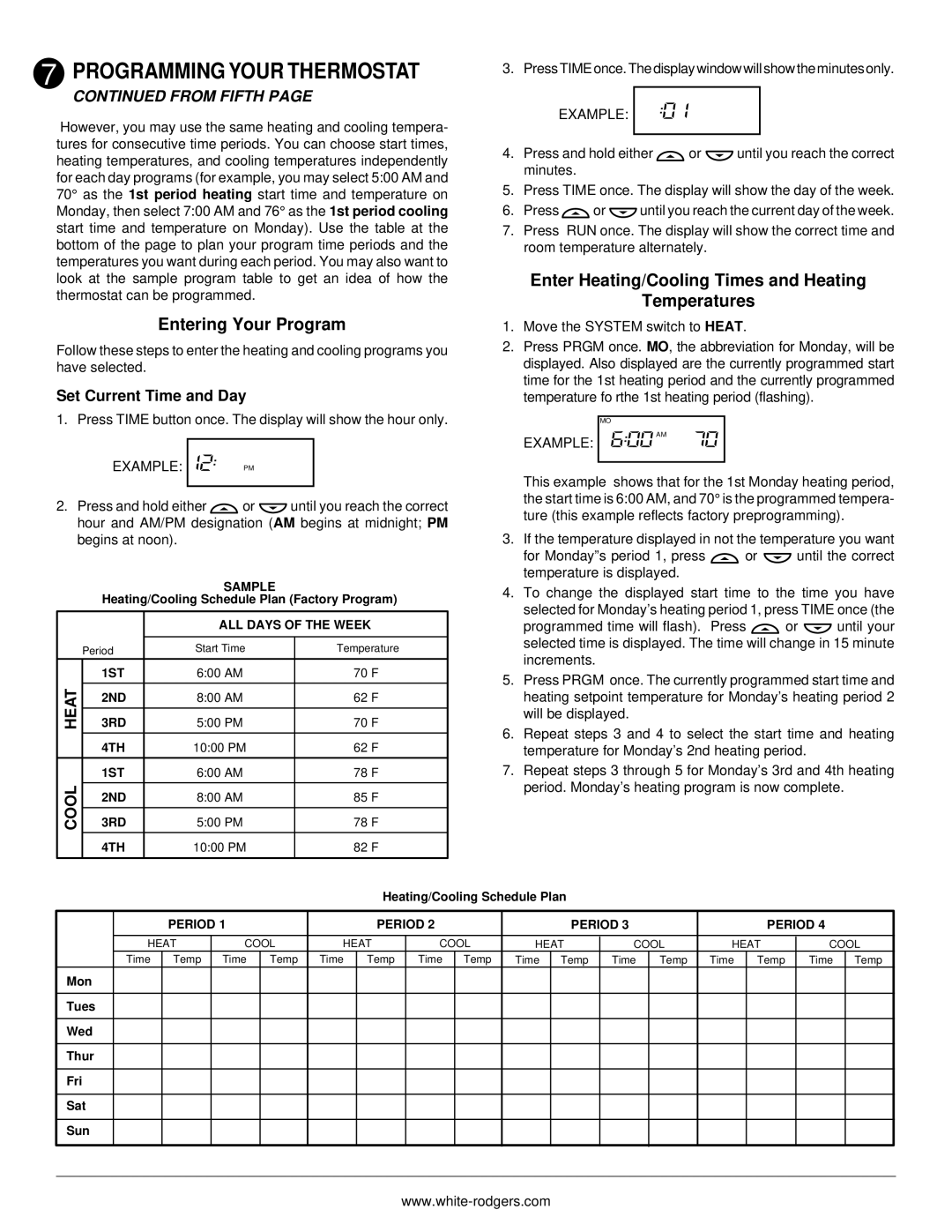 White Rodgers 775 Entering Your Program, Enter Heating/Cooling Times and Heating Temperatures, From Fifth 