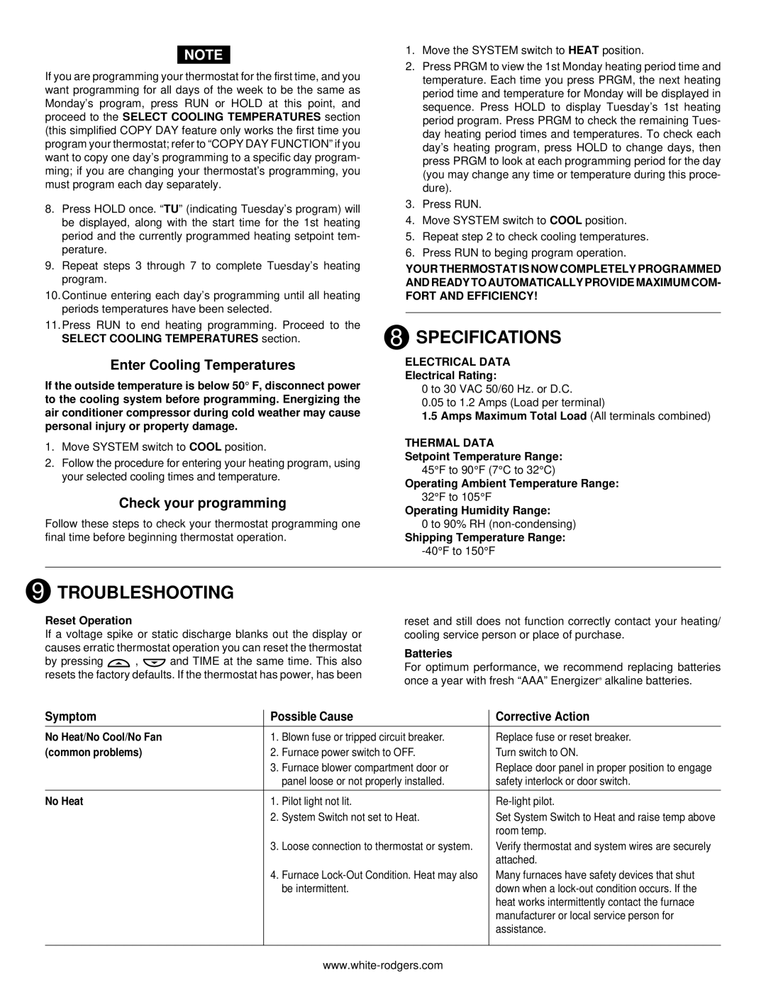 White Rodgers 775 Specifications, Troubleshooting, Enter Cooling Temperatures, Check your programming 