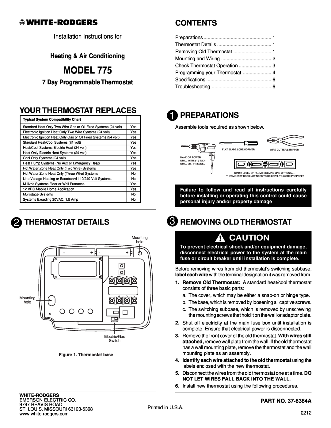White Rodgers 775 installation instructions Your Thermostat Replaces, Contents, Preparations, Thermostat Details, Model 