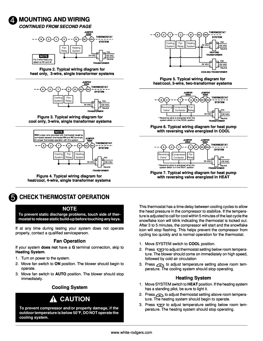White Rodgers 775 Check Thermostat Operation, Fan Operation, Cooling System, Heating System, Continued From Second Page 