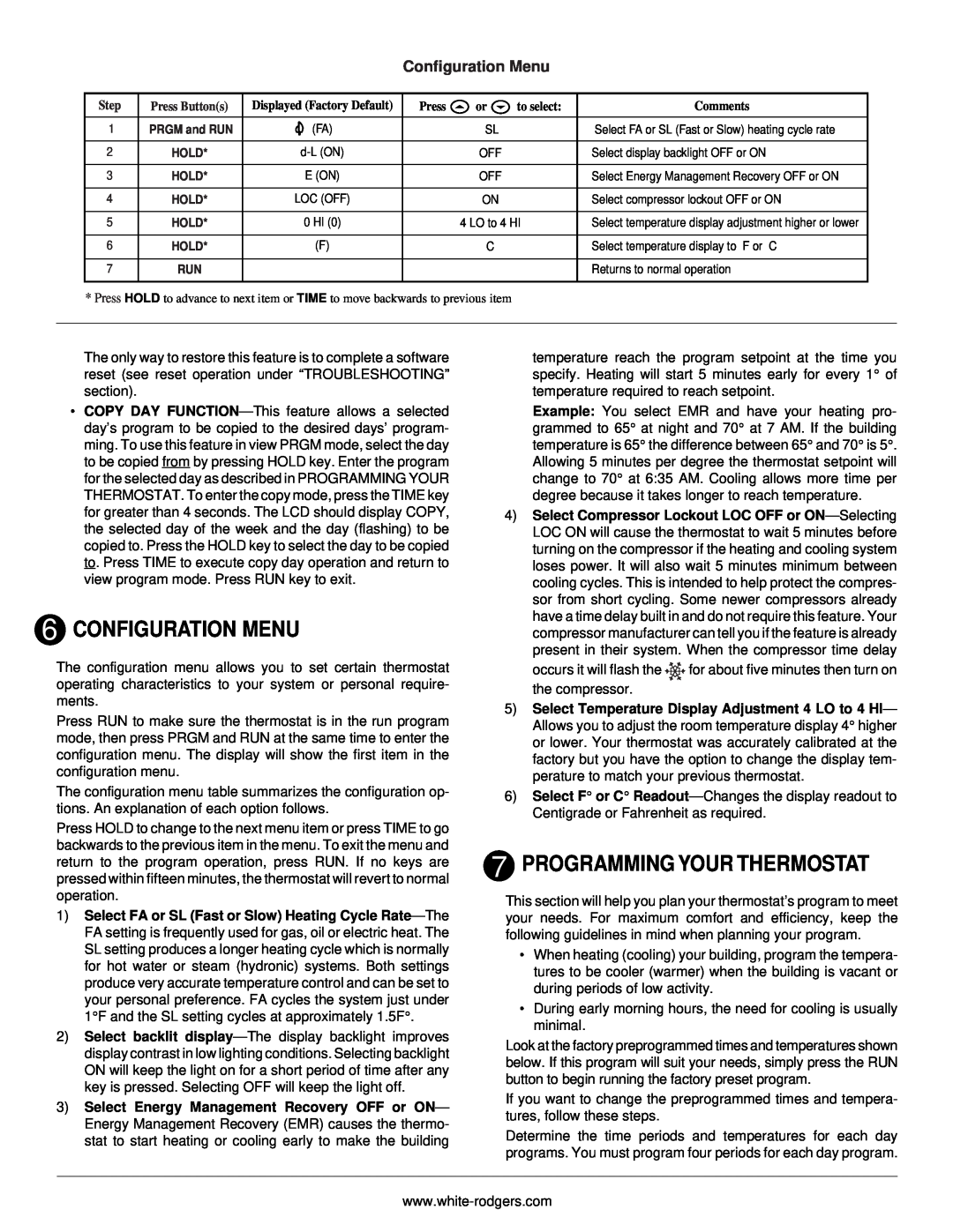 White Rodgers 775 installation instructions Configuration Menu, Programming Your Thermostat 
