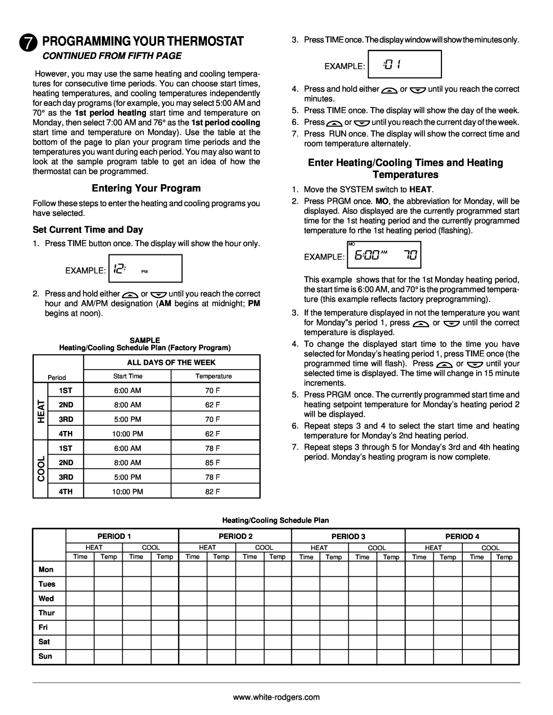 White Rodgers 775 Entering Your Program, Enter Heating/Cooling Times and Heating, Temperatures, Continued From Fifth Page 