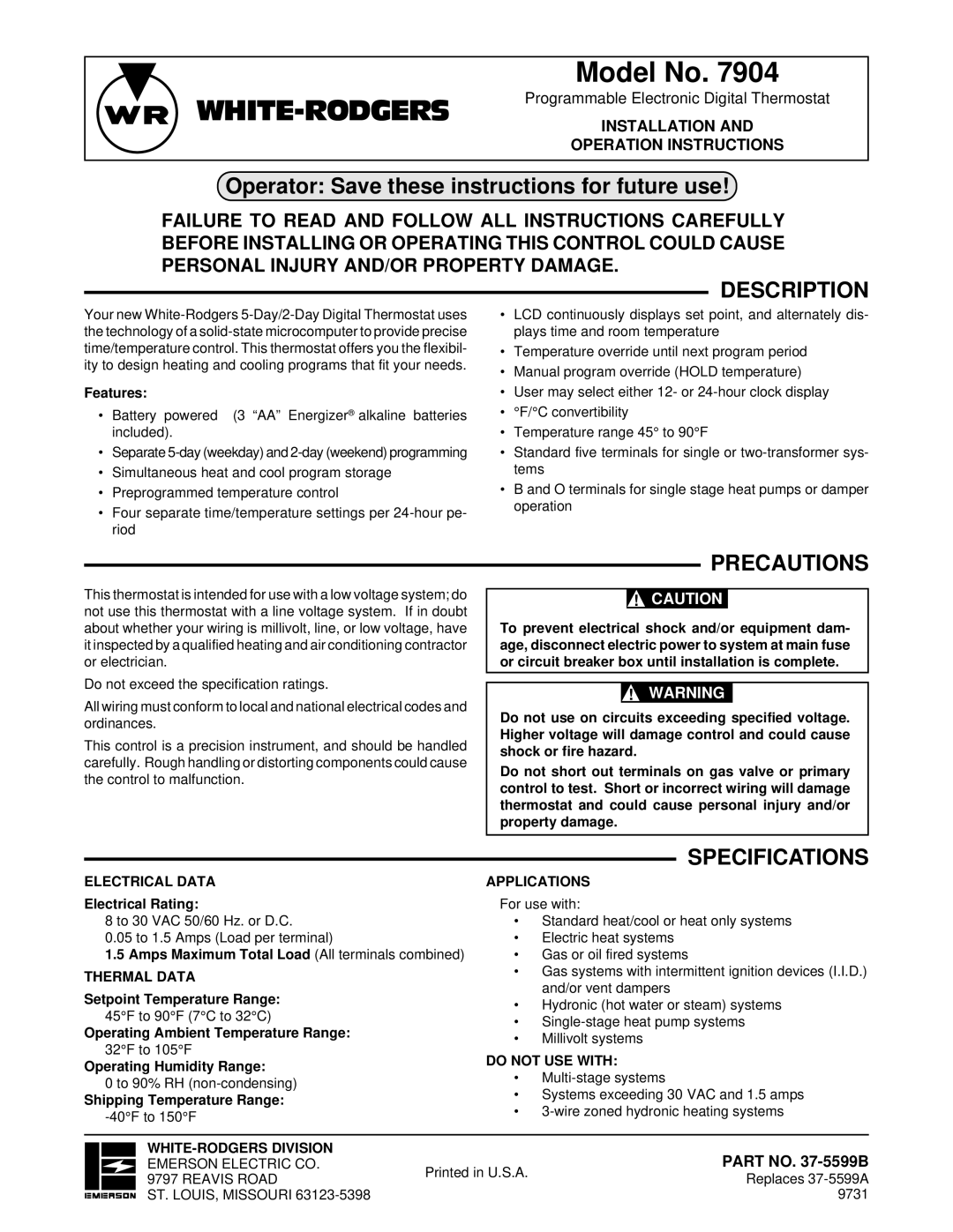 White Rodgers 7904 specifications Description, Precautions, Specifications 