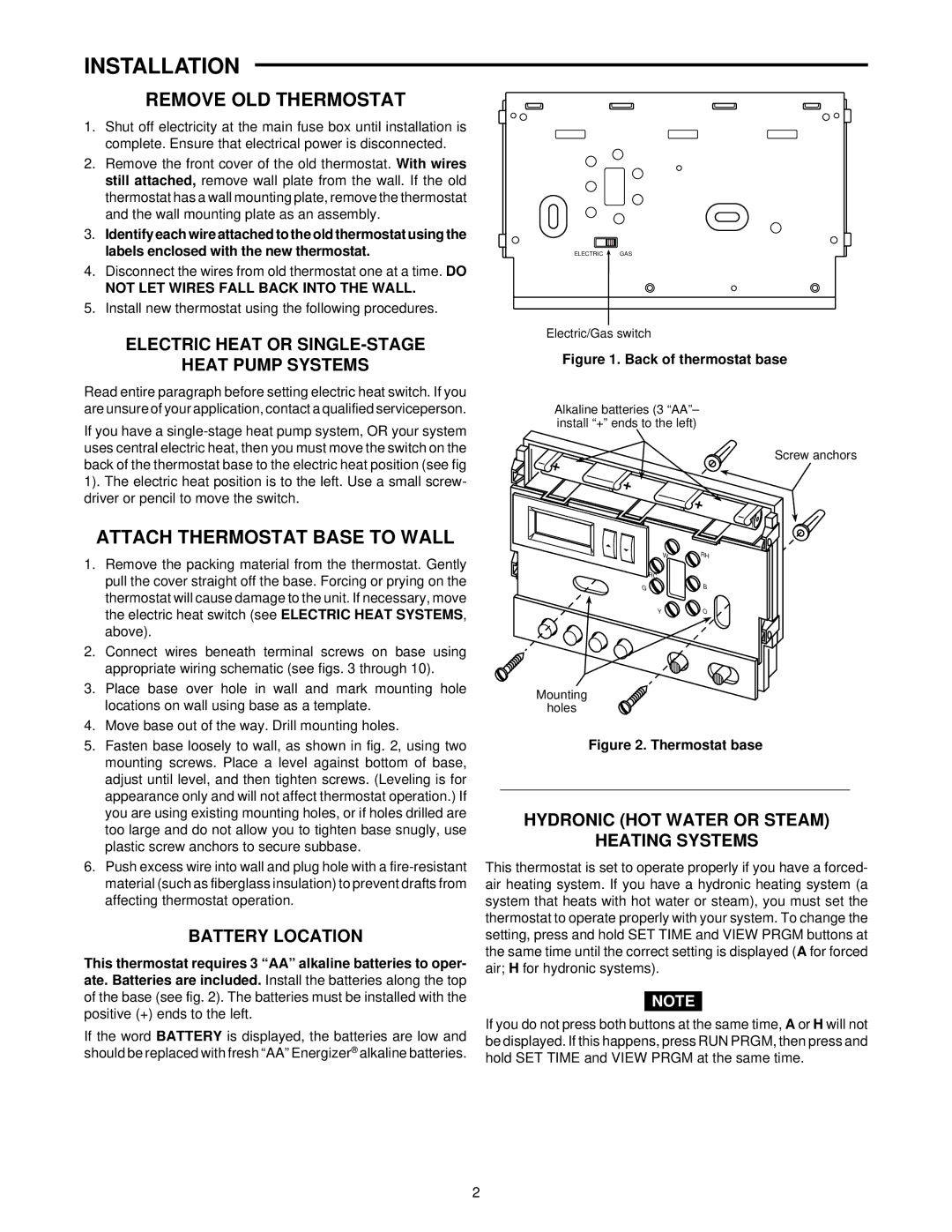 White Rodgers 7904 specifications Installation, Remove OLD Thermostat, Attach Thermostat Base to Wall 